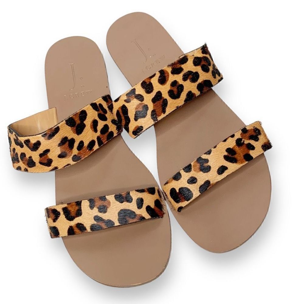 J. Crew | Leopard Calf Hair Slip On Double Strap Open Toe Sandals Women's Size 7